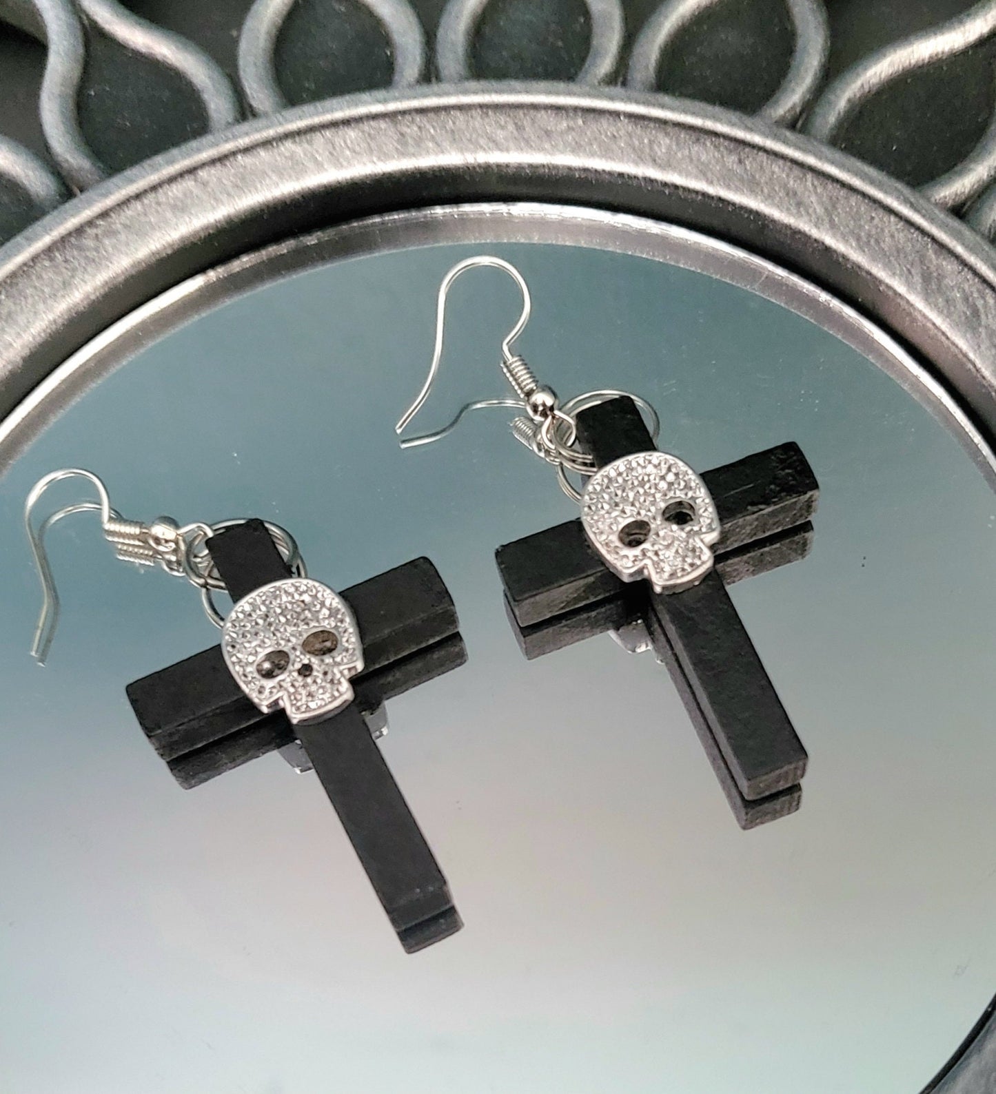 Handmade Wooden Cross Earrings & Black Silver Diamonte Skull Goth Whitby Church Gothic Great Gift E15