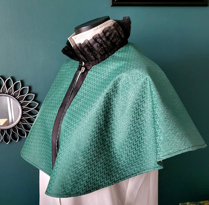 Green Jacquard Victorian Capelet: Steampunk, Gothic Costume