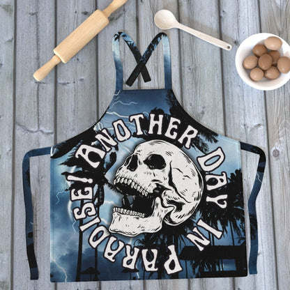 Blue Adult Canvas Apron Another Day In Paradise Sarcastic Skull and Palm Trees Foodie Gift