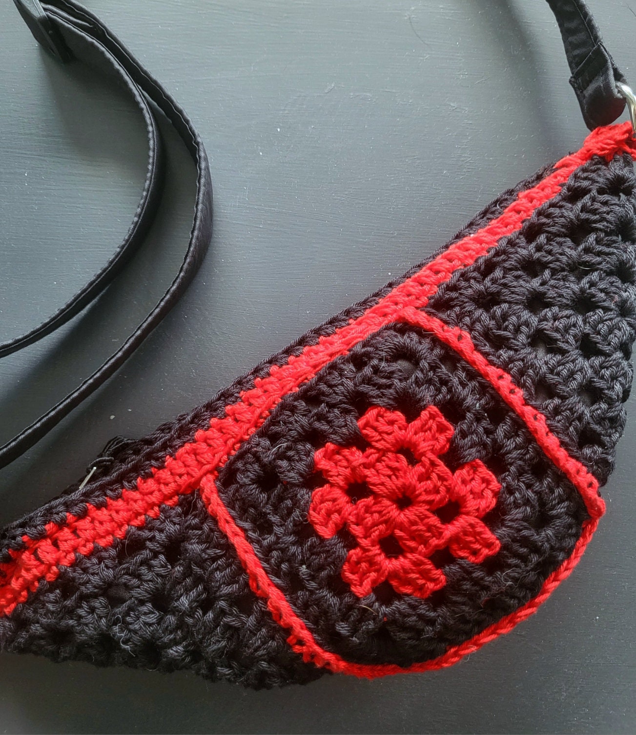 Crochet Spider Bumbag: Black & Red, Goth Crossbody Bag