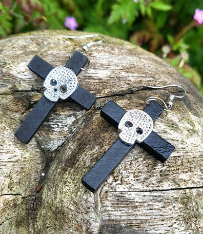 Handmade Wooden Cross Earrings & Black Silver Diamonte Skull Goth Whitby Church Gothic Great Gift E15