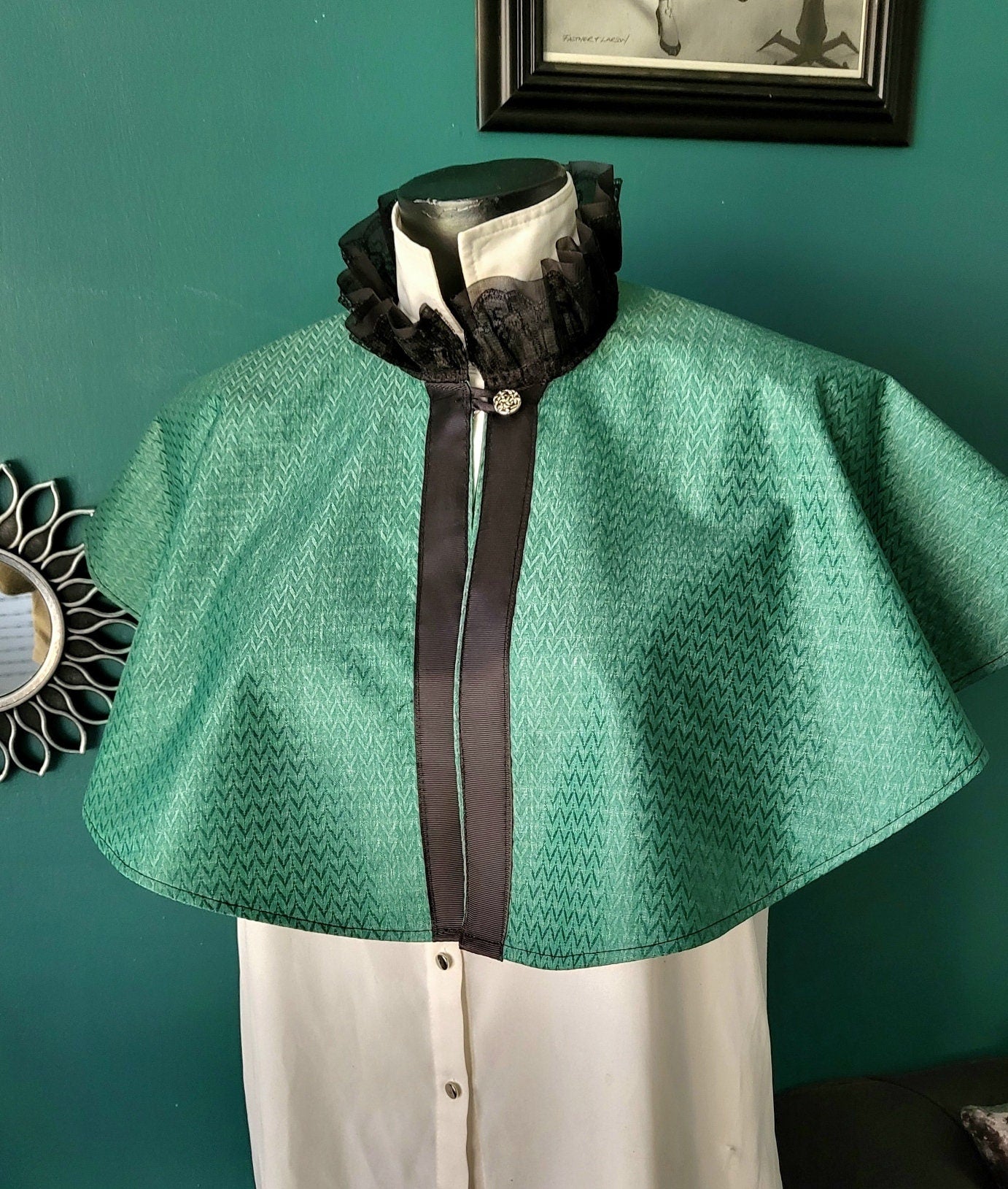 Green Jacquard Victorian Capelet: Steampunk, Gothic Costume