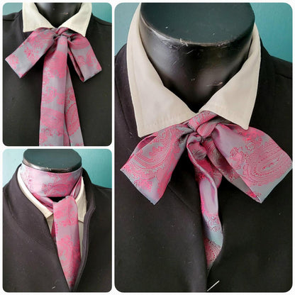 Pink Teal Blue Satin Paisley Self Tie Skinny Cravat Neck Scarf Multi Way Steampunk Wedding Pussy Bow Theatre Costume Victorian Whitby CV2