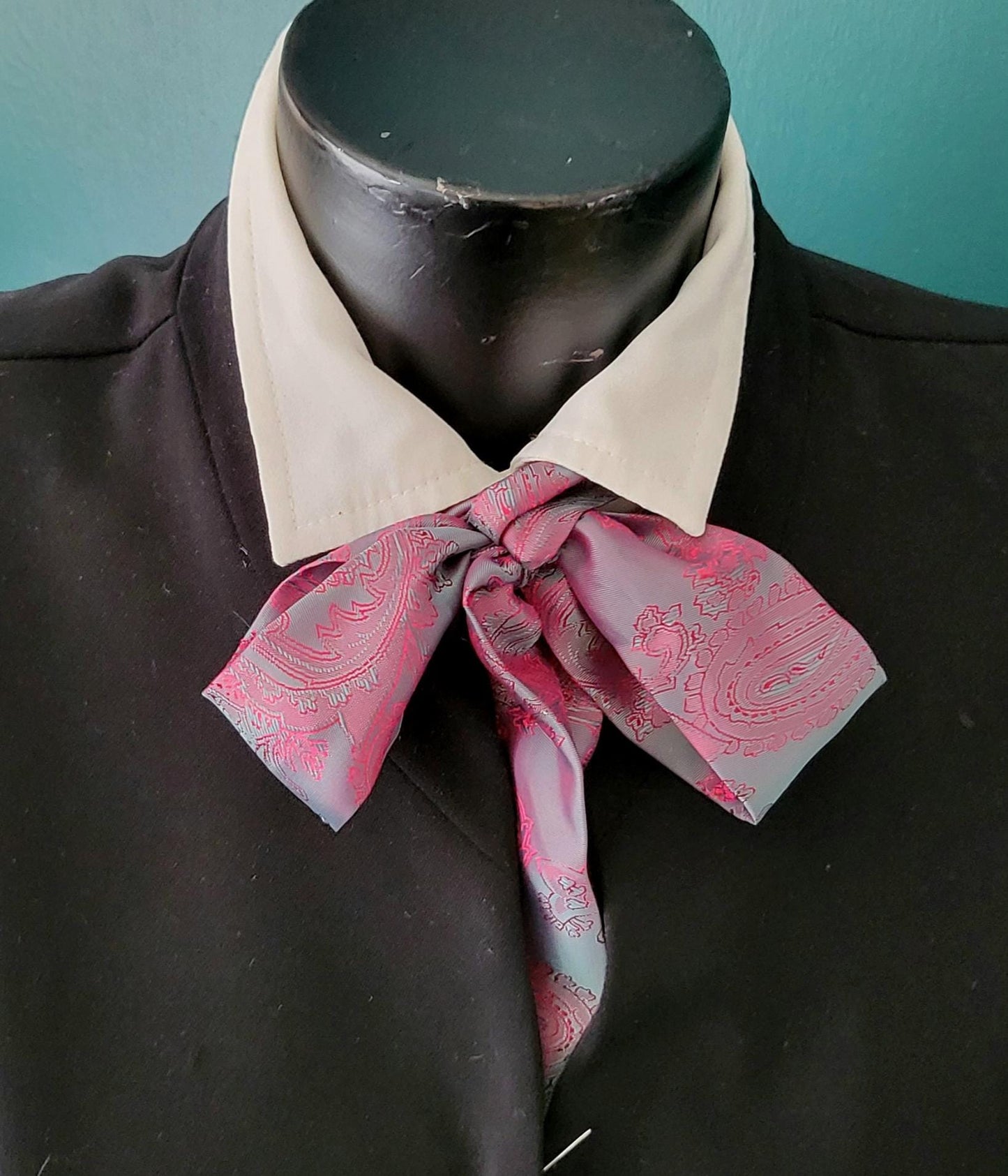 Pink Teal Blue Satin Paisley Self Tie Skinny Cravat Neck Scarf Multi Way Steampunk Wedding Pussy Bow Theatre Costume Victorian Whitby CV2
