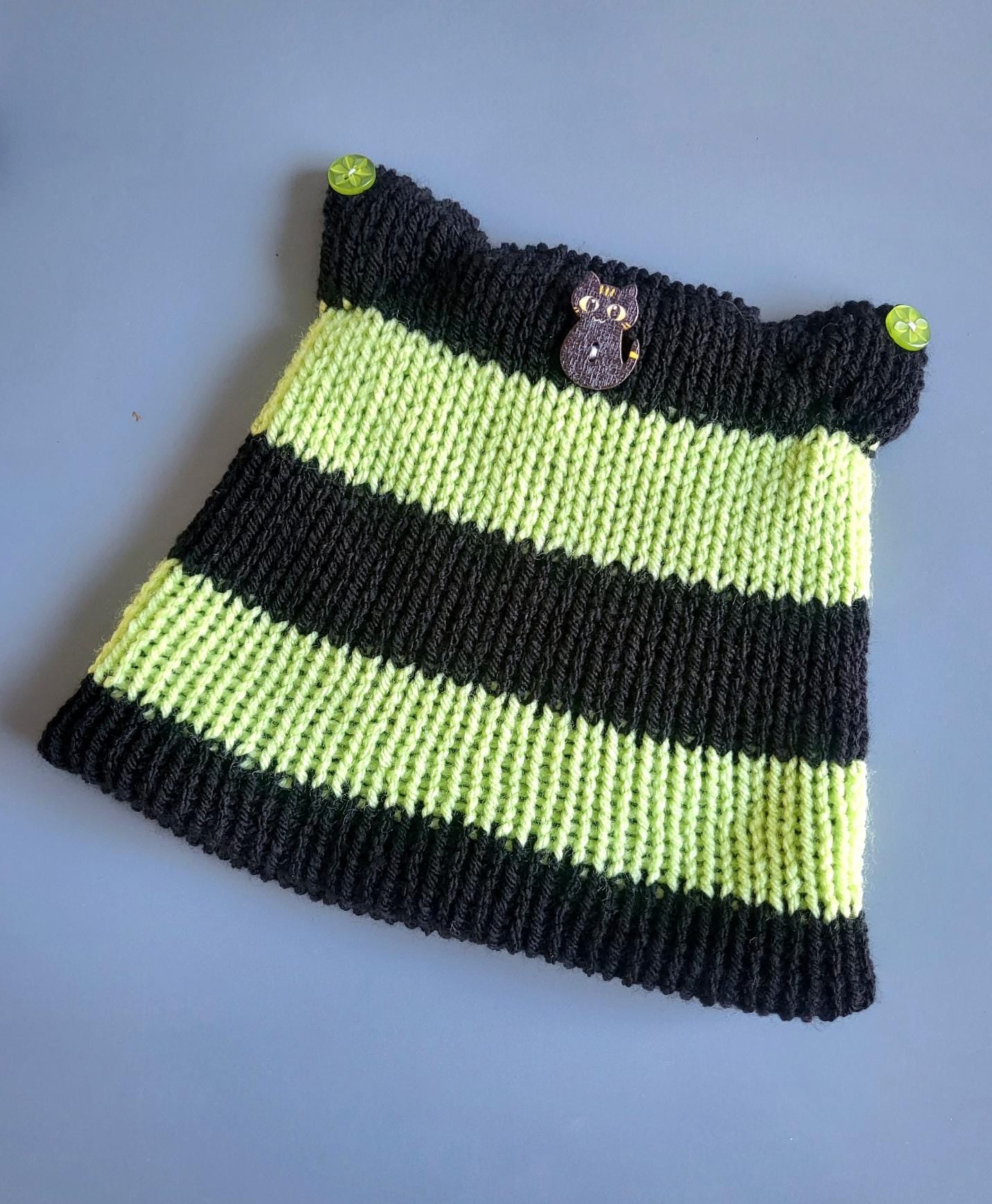 Knitted Cat Ear Hat Beanie Lime Green Black Stripes Punk Emo Goth Kitty Hat Winter Gift HT1