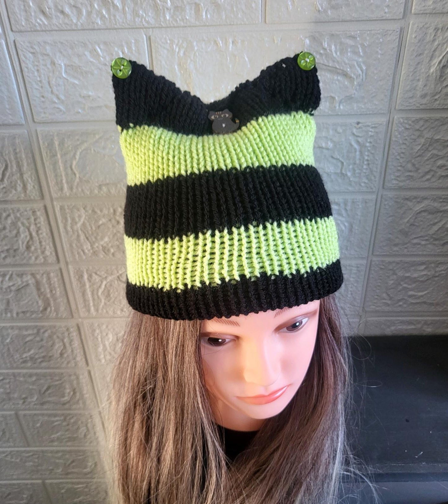Knitted Cat Ear Hat Beanie Lime Green Black Stripes Punk Emo Goth Kitty Hat Winter Gift HT1