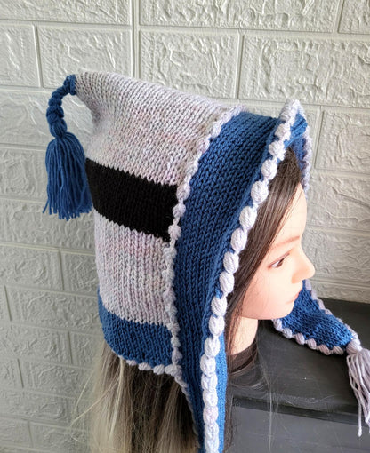 Knitted Woodland Forest Pixie Hat Bonnet Punk Emo Goth Blue Grey Black Cosy Winter Gift HT5