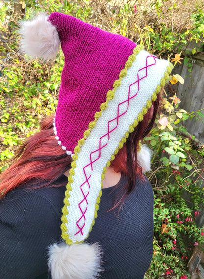 Knitted Woodland Forest Pixie Hat Bonnet Emo Goth Whimsy Pink Green White Elf Fairy Winter Gift HT7