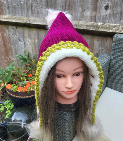Knitted Woodland Forest Pixie Hat Bonnet Emo Goth Whimsy Pink Green White Elf Fairy Winter Gift HT7