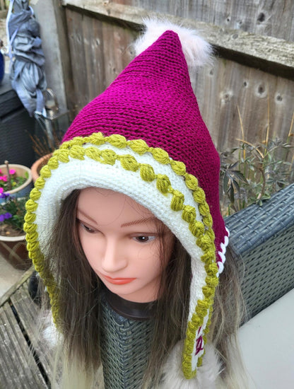 Knitted Woodland Forest Pixie Hat Bonnet Emo Goth Whimsy Pink Green White Elf Fairy Winter Gift HT7
