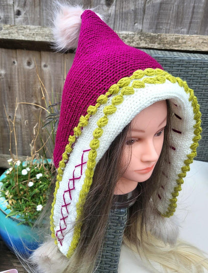 Knitted Woodland Forest Pixie Hat Bonnet Emo Goth Whimsy Pink Green White Elf Fairy Winter Gift HT7