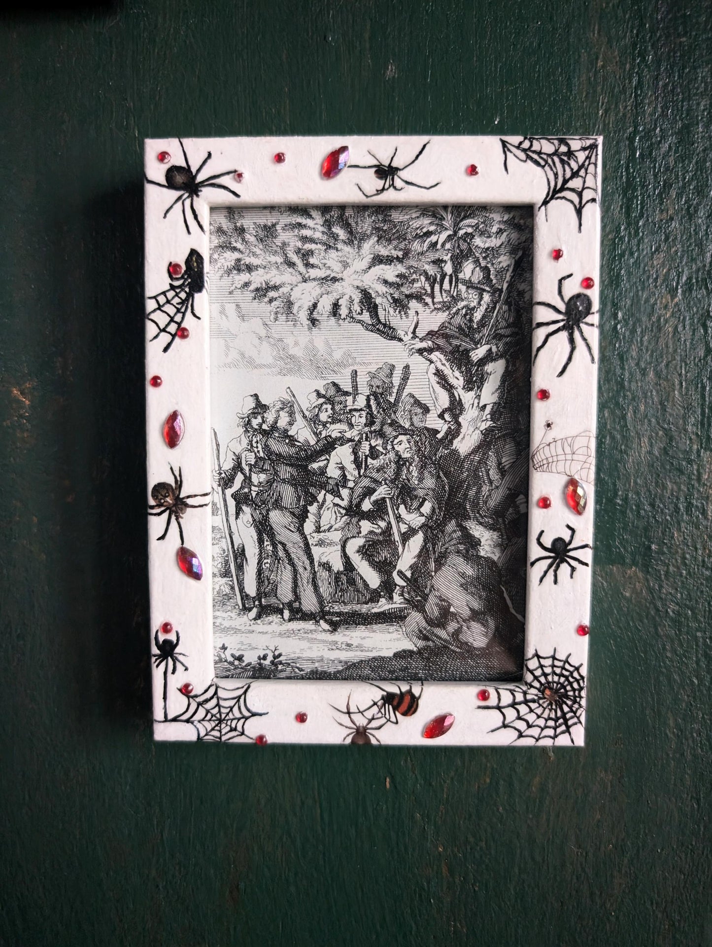 4 x 6" white wall hanging photo / picture frame adorned in red gems, spiders and webs. Gothic decor horror fan gift housewarming present