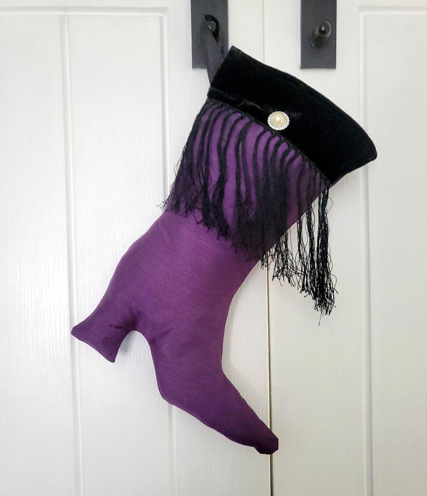 Stiletto Boot Christmas Stocking: Purple, Black Velvet, Tassels