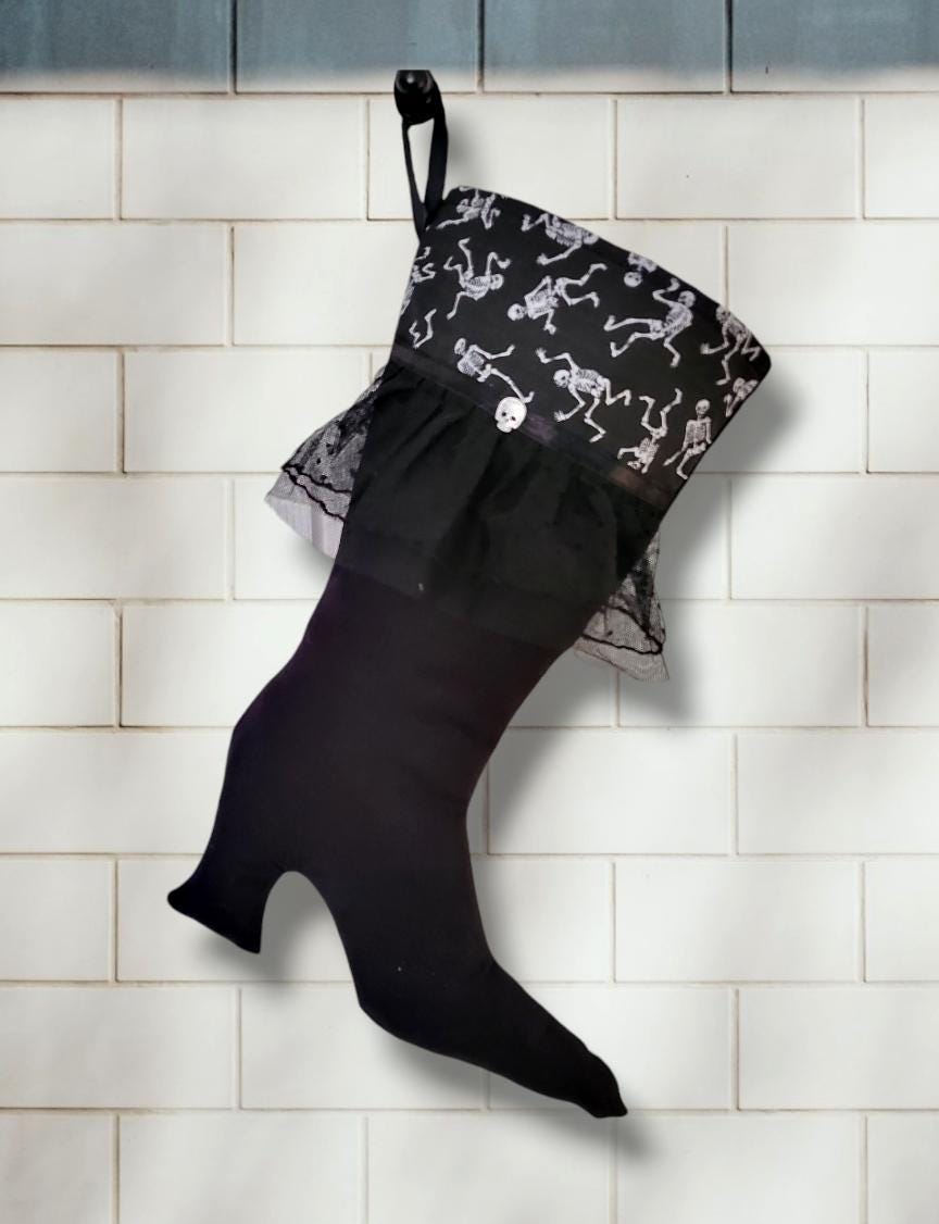 Goth Stiletto Christmas Stocking: Black Skeleton & Lace, Diamonte Skull