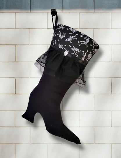 Goth Stiletto Christmas Stocking: Black Skeleton & Lace, Diamonte Skull