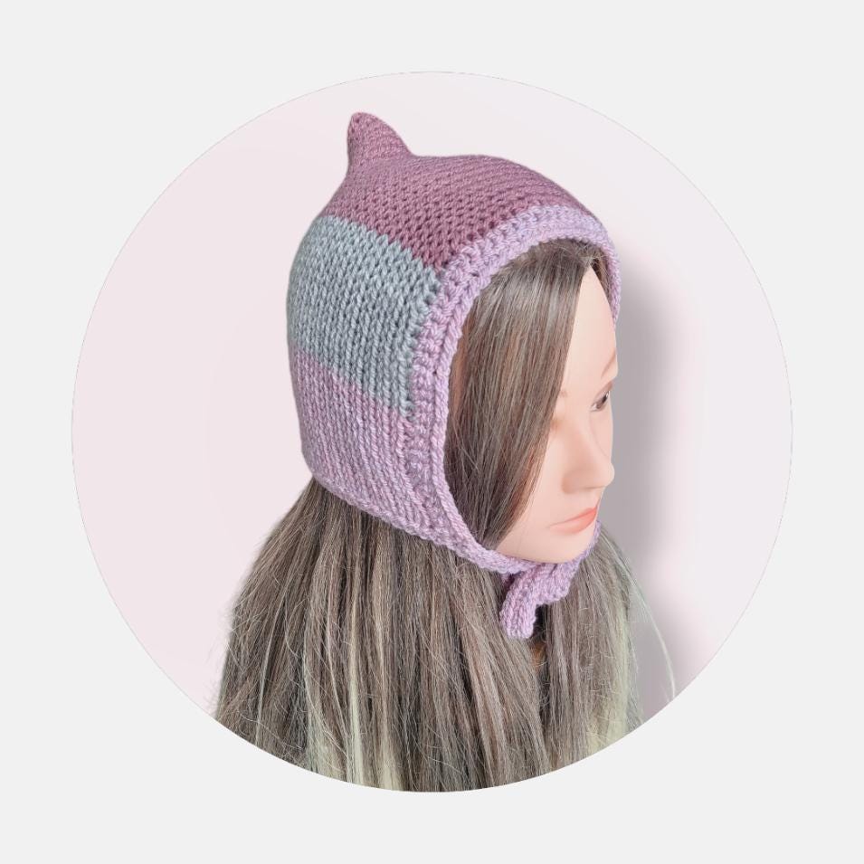 Knitted Pixie Bonnet, Grey & Pink Stripe, Adult Teen Size