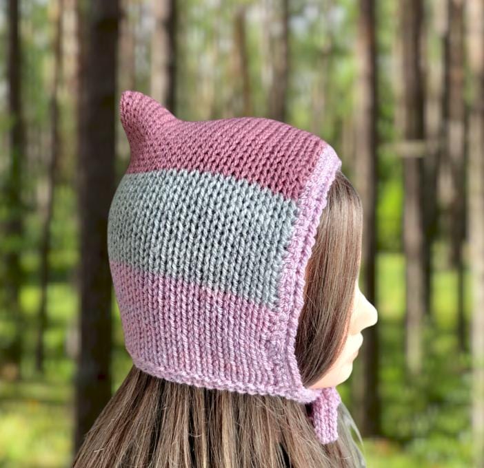 Knitted Pixie Bonnet, Grey & Pink Stripe, Adult Teen Size