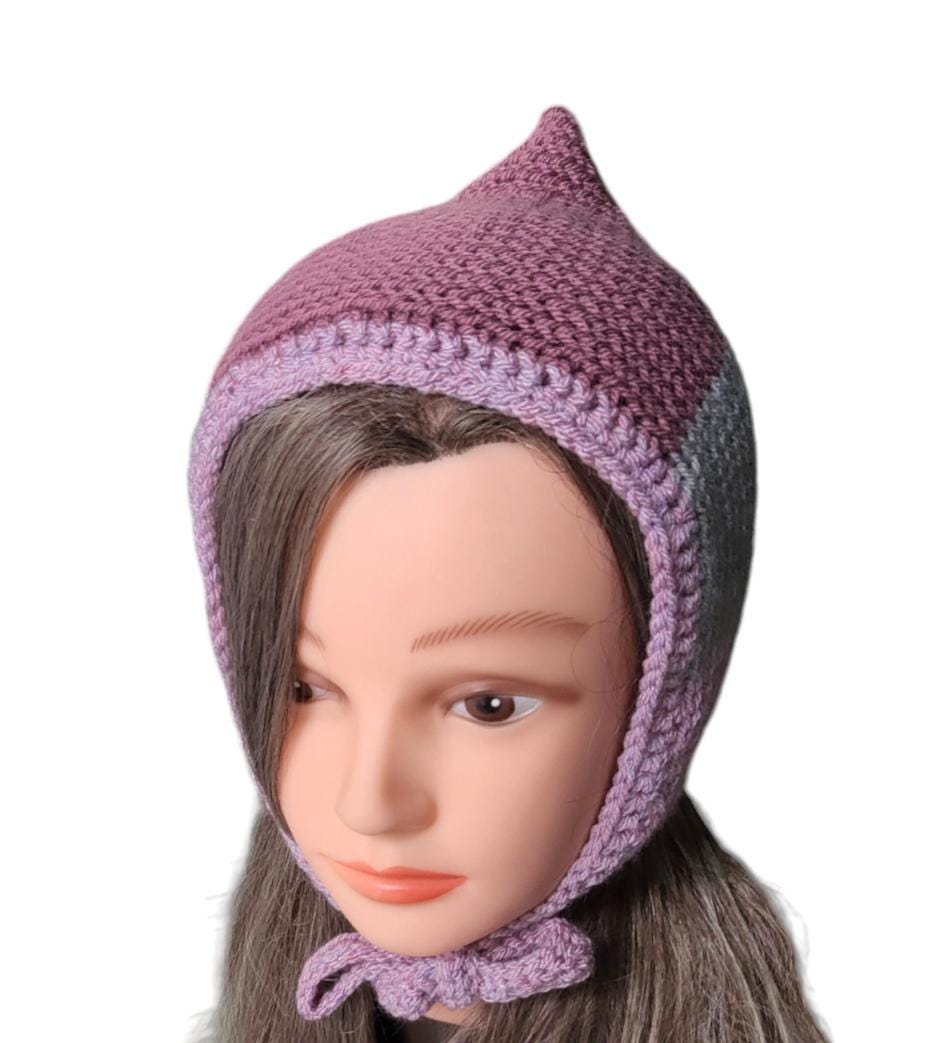 Knitted Pixie Bonnet, Grey & Pink Stripe, Adult Teen Size