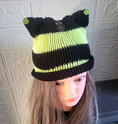 Knitted Cat Ear Hat Beanie Lime Green Black Stripes Punk Emo Goth Kitty Hat Winter Gift HT1