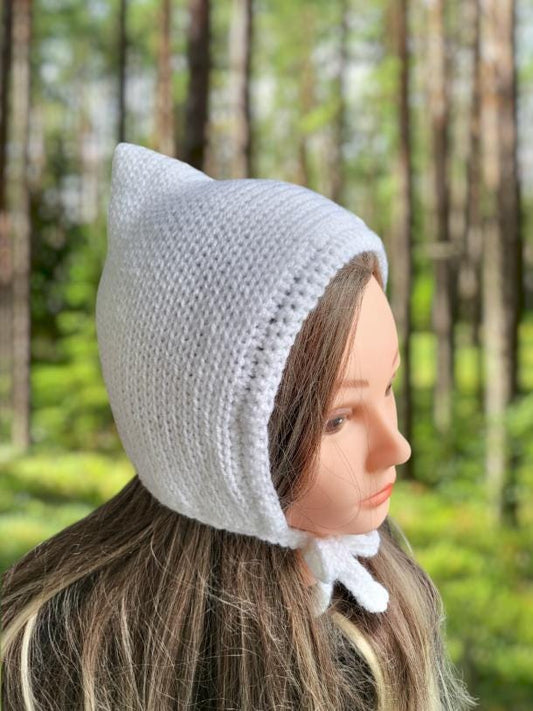 White Knitted Forest Bonnet Handmade Pixie Bow Tie Hat Adult Emo Goth Whimsy Elf Fairy Winter Gift HT19