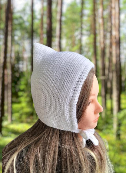 White Knitted Forest Bonnet Handmade Pixie Bow Tie Hat Adult Emo Goth Whimsy Elf Fairy Winter Gift HT19