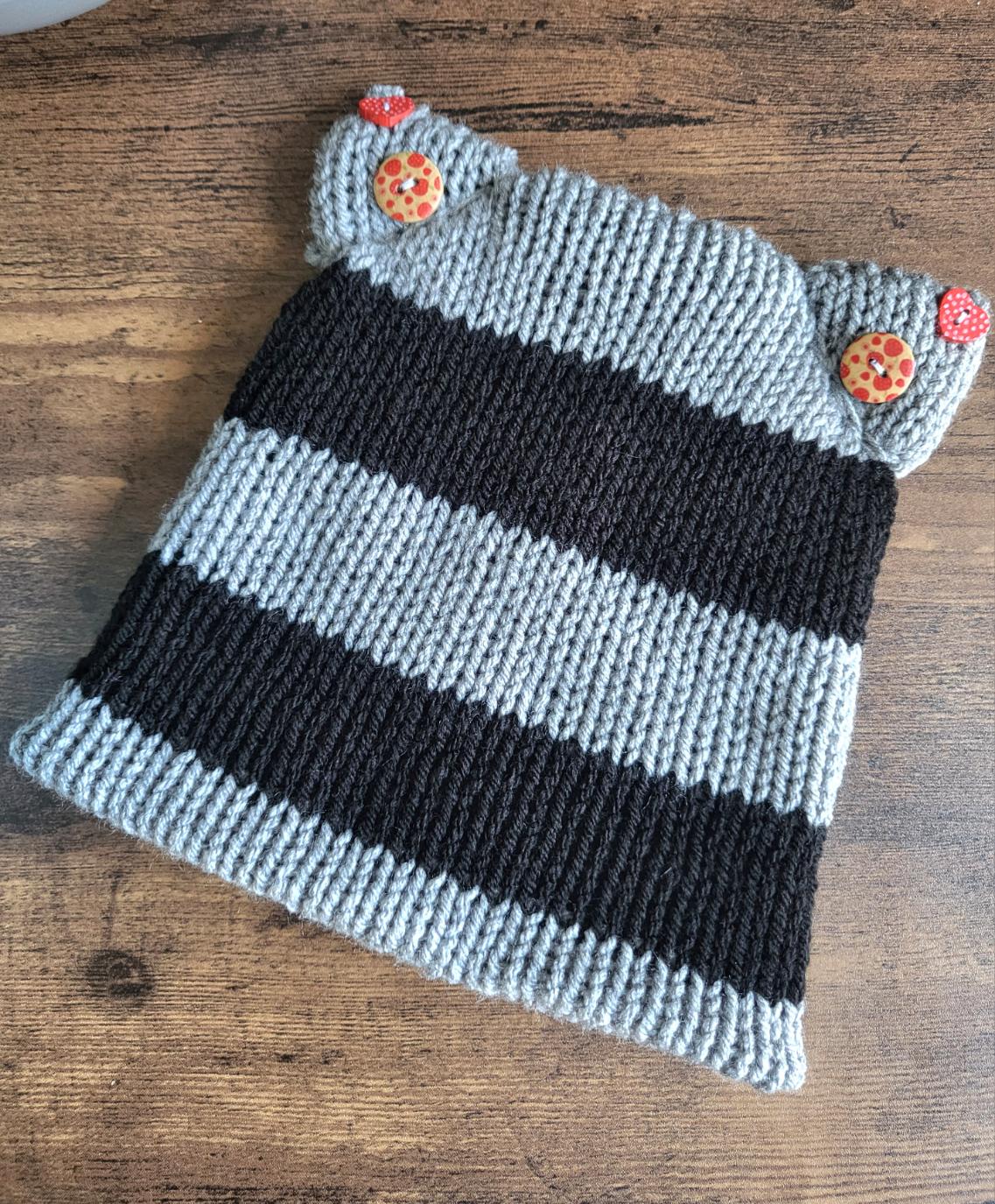Knitted Cat Ear Hat Beanie Grey & Black Stripes Punk Emo Goth Kitty Hat Winter Gift HT3