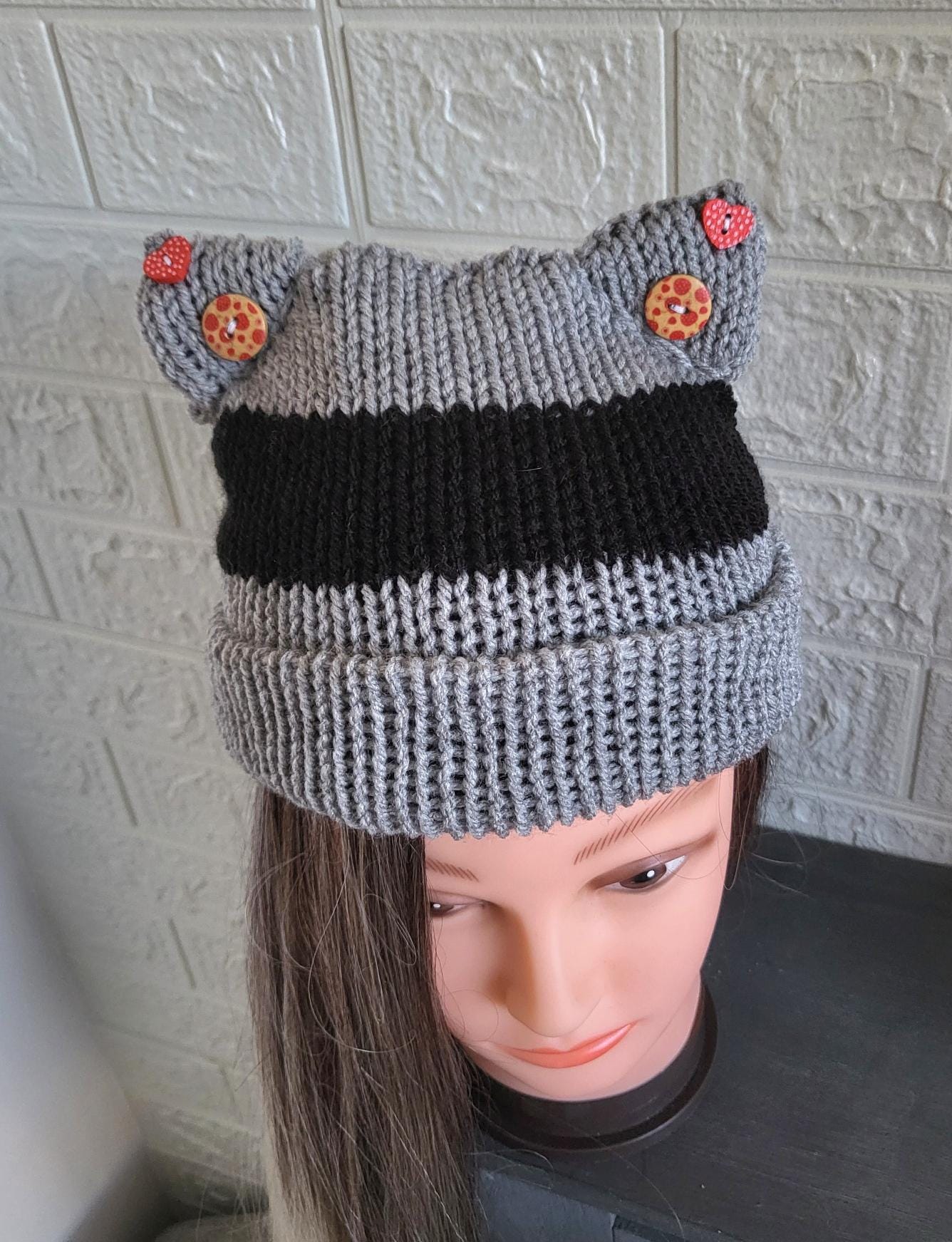 Knitted Cat Ear Hat Beanie Grey & Black Stripes Punk Emo Goth Kitty Hat Winter Gift HT3
