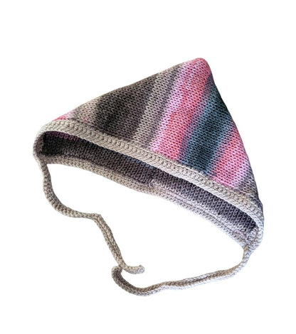 Pink Taupe Grey Mix Knitted Forest Bonnet Handmade Pixie Bow Tie Hat Adult Emo Goth Whimsy Elf Fairy Reenactment Winter Gift HT22