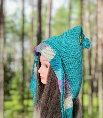 Knitted Forest Pixie Hat Bonnet Emo Goth Whimsy Turquoise Blue Cream Lilac OOAK Elf Fairy Winter Gift Woodland HT24