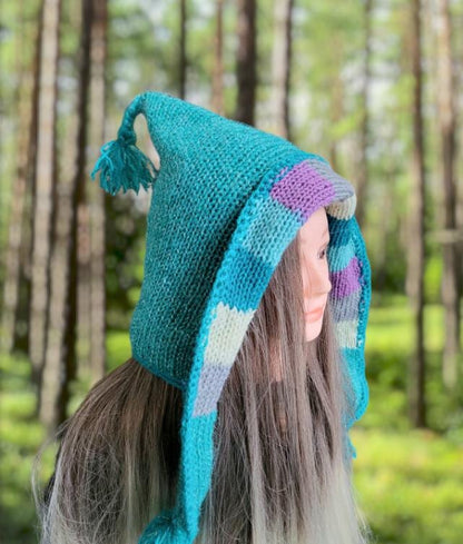 Knitted Forest Pixie Hat Bonnet Emo Goth Whimsy Turquoise Blue Cream Lilac OOAK Elf Fairy Winter Gift Woodland HT24