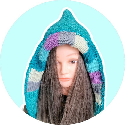 Knitted Forest Pixie Hat Bonnet Emo Goth Whimsy Turquoise Blue Cream Lilac OOAK Elf Fairy Winter Gift Woodland HT24