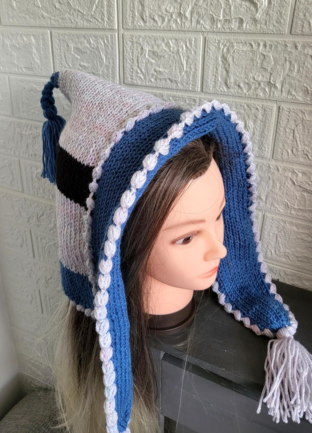 Knitted Woodland Forest Pixie Hat Bonnet Punk Emo Goth Blue Grey Black Cosy Winter Gift HT5