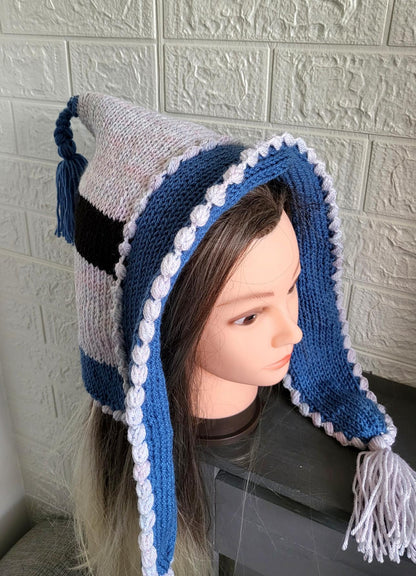 Knitted Woodland Forest Pixie Hat Bonnet Punk Emo Goth Blue Grey Black Cosy Winter Gift HT5