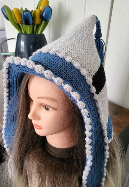 Knitted Woodland Forest Pixie Hat Bonnet Punk Emo Goth Blue Grey Black Cosy Winter Gift HT5