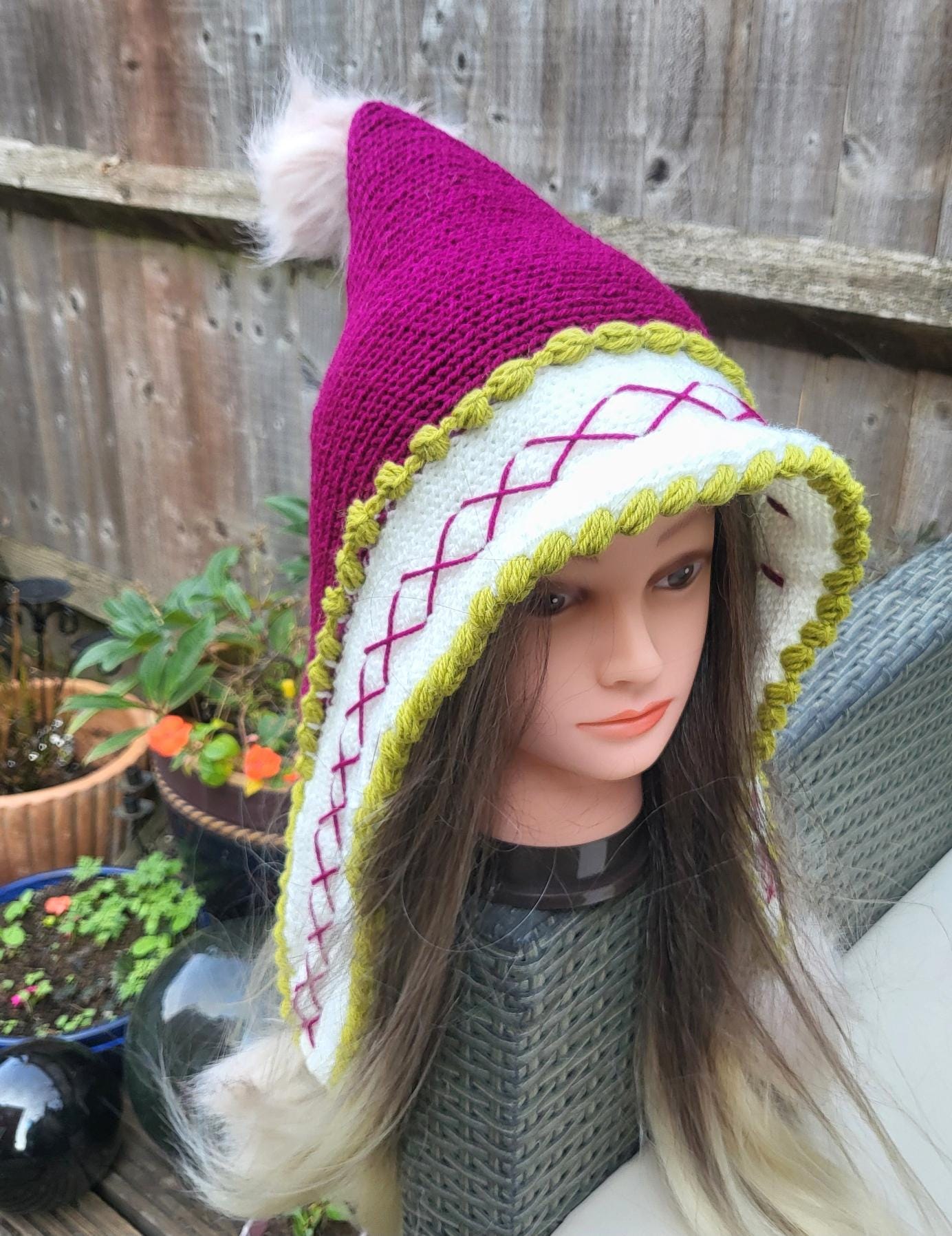 Knitted Woodland Forest Pixie Hat Bonnet Emo Goth Whimsy Pink Green White Elf Fairy Winter Gift HT7