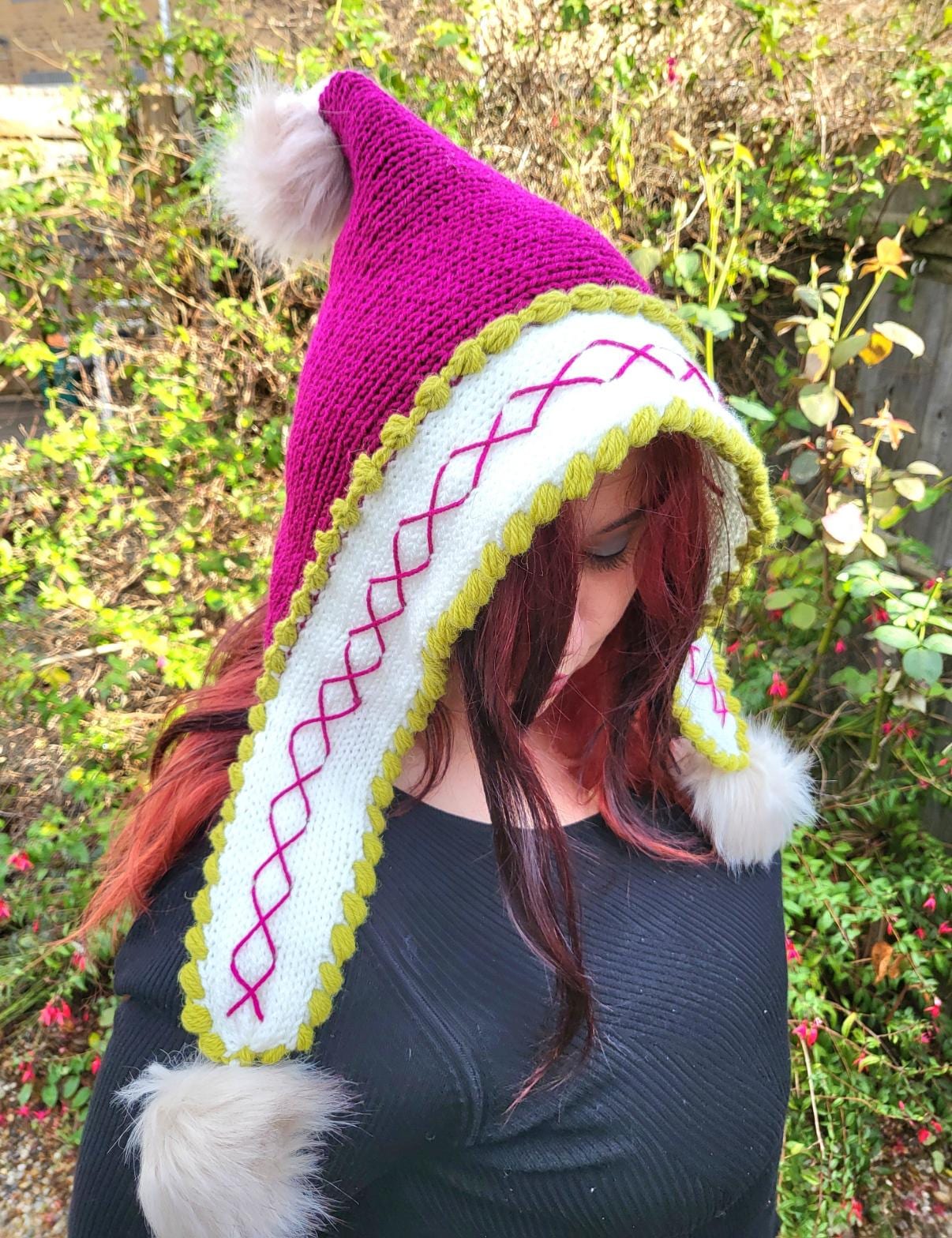 Knitted Woodland Forest Pixie Hat Bonnet Emo Goth Whimsy Pink Green White Elf Fairy Winter Gift HT7
