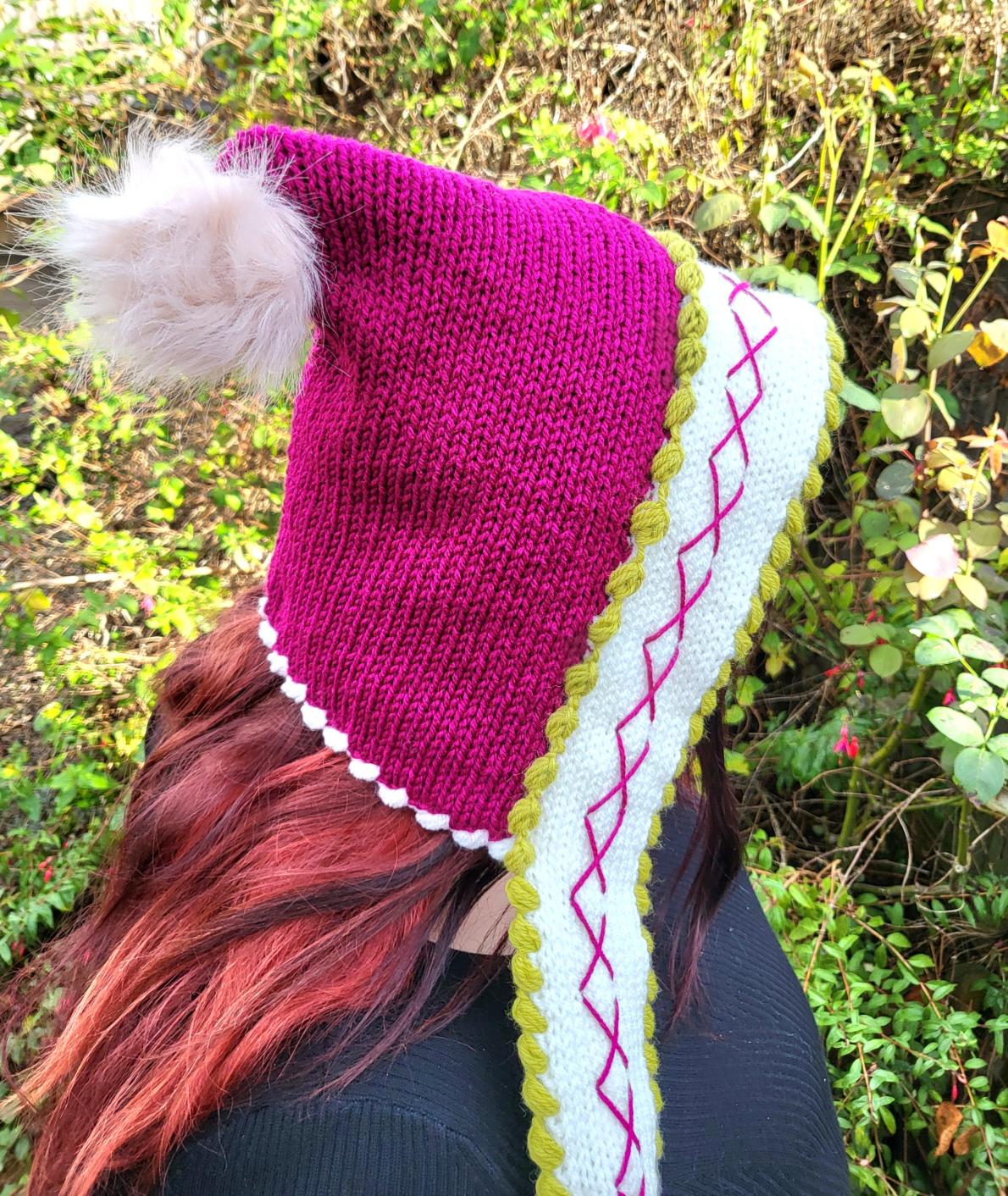 Knitted Woodland Forest Pixie Hat Bonnet Emo Goth Whimsy Pink Green White Elf Fairy Winter Gift HT7
