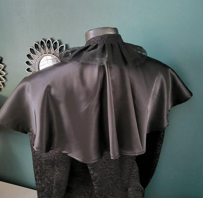 Black Satin Cape with Lace Collar - Victorian Steampunk Costume
