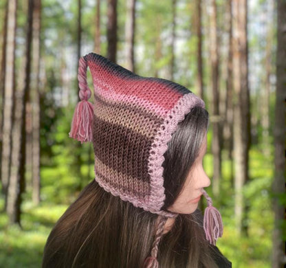 Knitted Woodland Forest Pixie Hat Child Bonnet Emo Goth Whimsy Autumn Pink Grey Taupe Brown Elf Fairy Girl 8 - 12 Year Old Winter Gift HT25