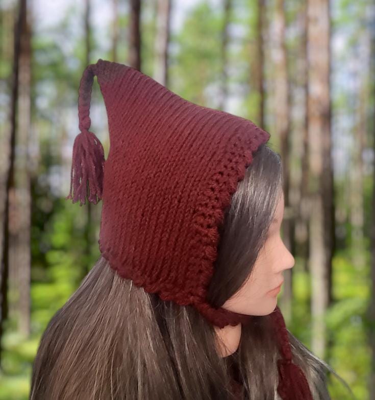 Knitted Woodland Forest Pixie Hat Child Bonnet Emo Goth Whimsy Autumn Ginger Brown Elf Fairy Girl 8 - 12 Year Old Winter Gift HT26