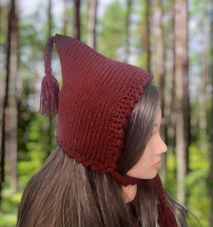 Knitted Woodland Forest Pixie Hat Child Bonnet Emo Goth Whimsy Autumn Ginger Brown Elf Fairy Girl 8 - 12 Year Old Winter Gift HT26
