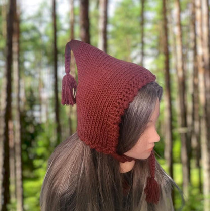 Knitted Woodland Forest Pixie Hat Child Bonnet Emo Goth Whimsy Autumn Ginger Brown Elf Fairy Girl 8 - 12 Year Old Winter Gift HT26
