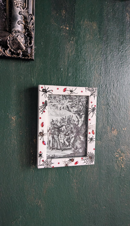 4 x 6" white wall hanging photo / picture frame adorned in red gems, spiders and webs. Gothic decor horror fan gift housewarming present