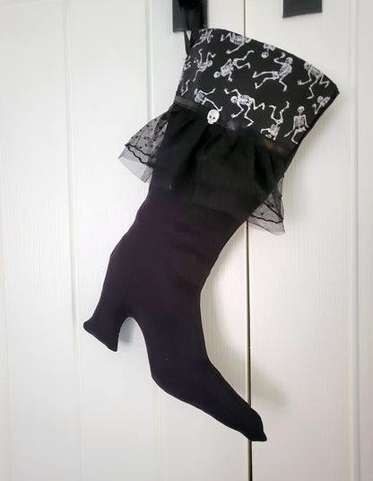 Goth Stiletto Christmas Stocking: Black Skeleton & Lace, Diamonte Skull