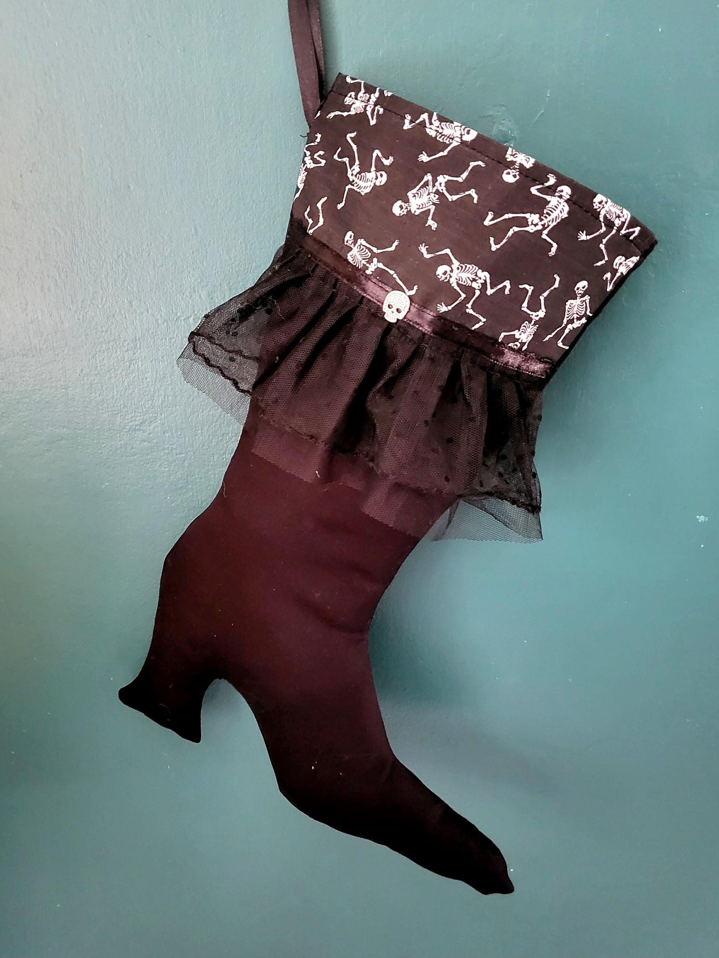 Goth Stiletto Christmas Stocking: Black Skeleton & Lace, Diamonte Skull