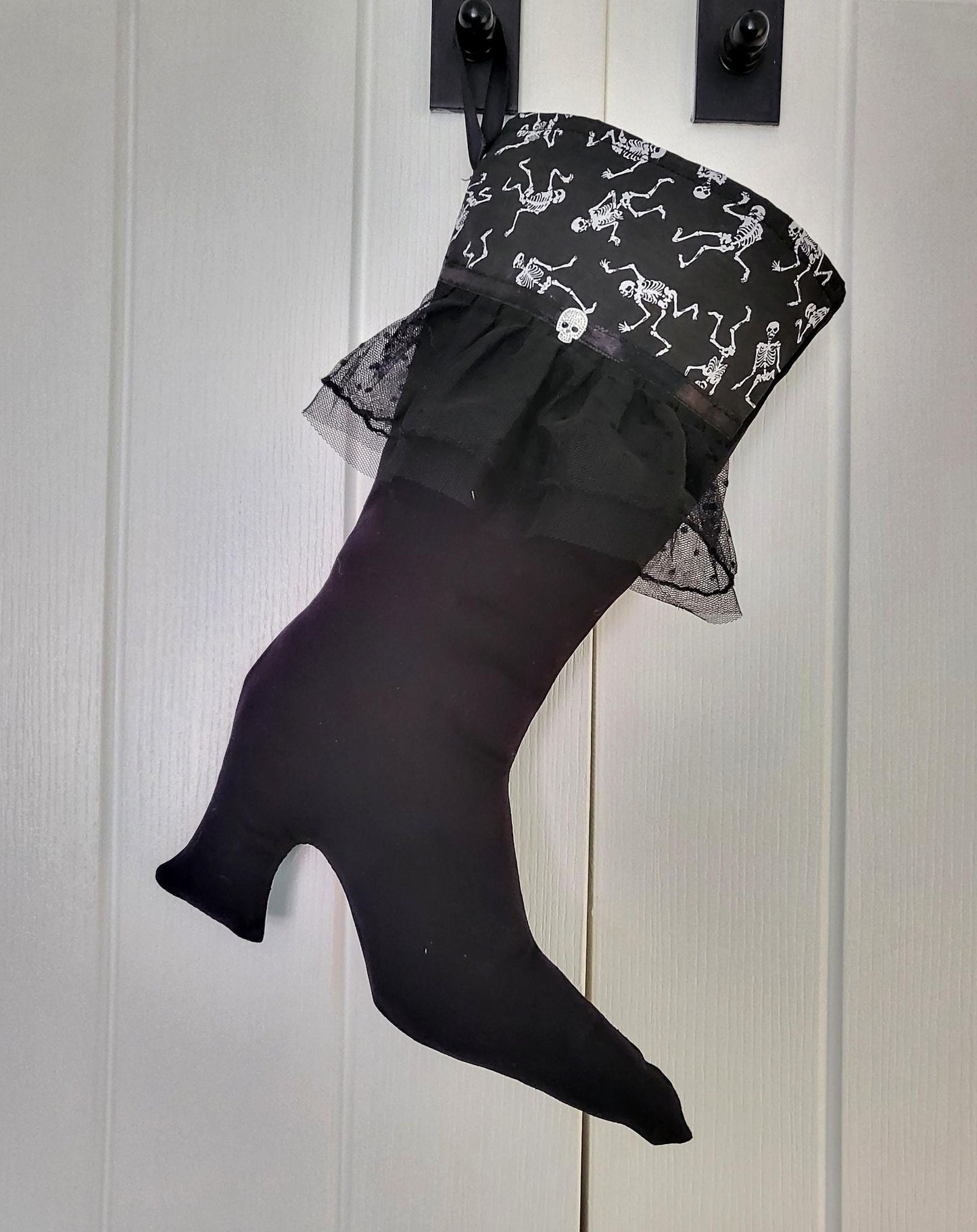 Goth Stiletto Christmas Stocking: Black Skeleton & Lace, Diamonte Skull