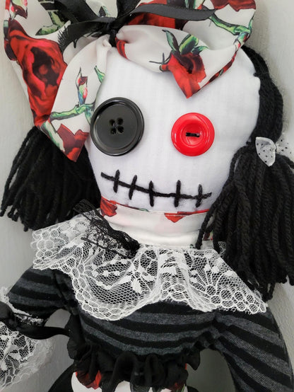 Handmade Gothic Art Doll OOAK 19 Inch Creepy Ragdoll Fantasy Weird Button Eyes Collectable Freaky Gift Spooky Decor Red Black White AD1