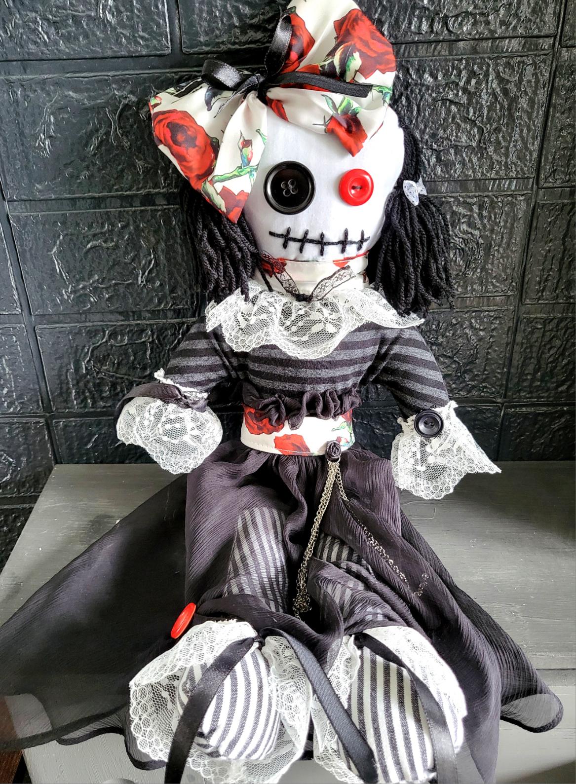 Handmade Gothic Art Doll OOAK 19 Inch Creepy Ragdoll Fantasy Weird Button Eyes Collectable Freaky Gift Spooky Decor Red Black White AD1