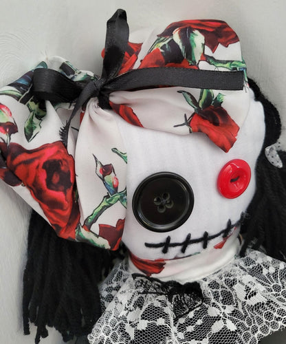 Handmade Gothic Art Doll OOAK 19 Inch Creepy Ragdoll Fantasy Weird Button Eyes Collectable Freaky Gift Spooky Decor Red Black White AD1