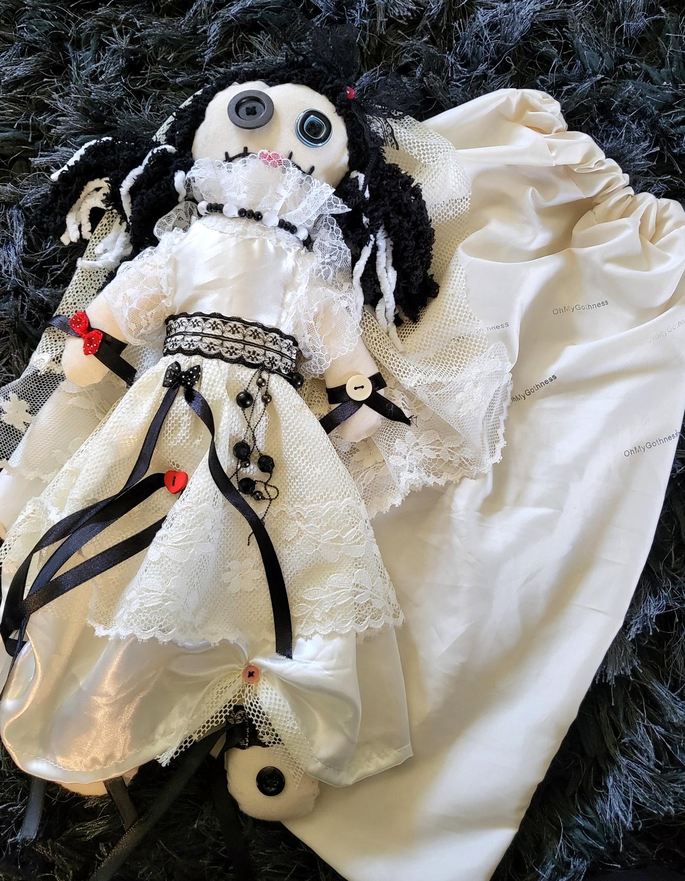 Handmade Gothic Art Doll OOAK 19 Inch Creepy Ragdoll Fantasy Weird Button Eyes Collectable Freaky Gift Spooky Decor Red Black White AD1